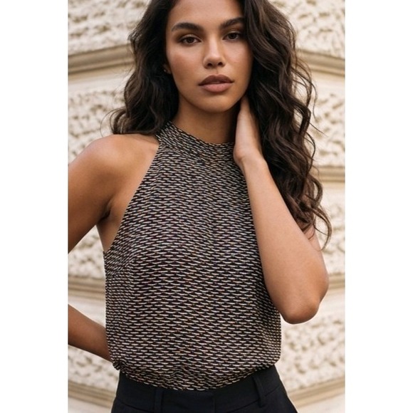 White House Black Market Tops - White House Black Market SZ 10 Black Multicolor Halter Blouse Sleeveless Lined